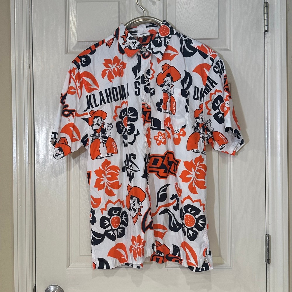 Wes and Willy Oklahoma State Cowboys OSU Floral Hawaiian Shirt Mens Large Orange
